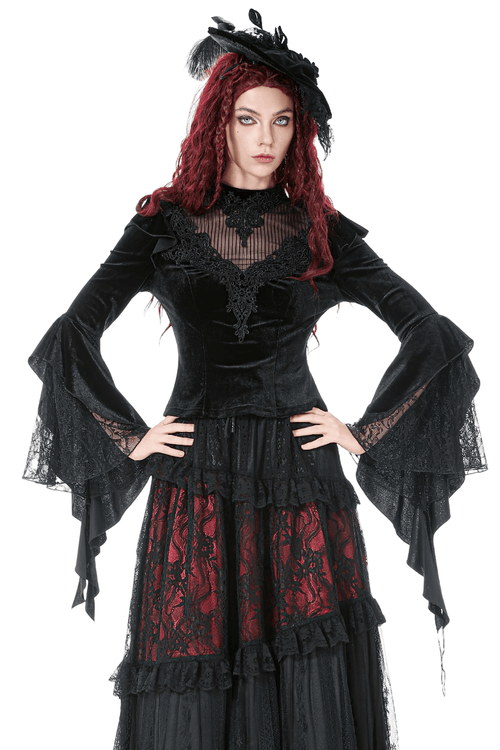 Gothic Black Velvet Lace Bell Sleeve Top for Women