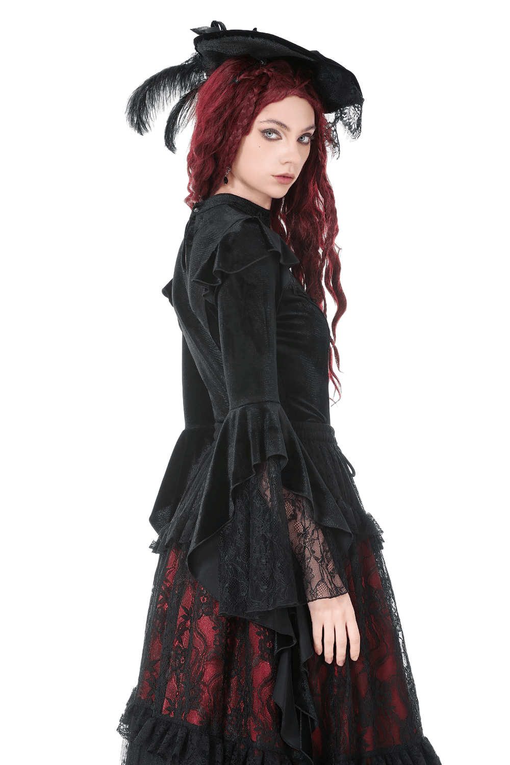 Gothic Black Velvet Lace Bell Sleeve Top for Women styled with a dramatic black hat and lace skirt.