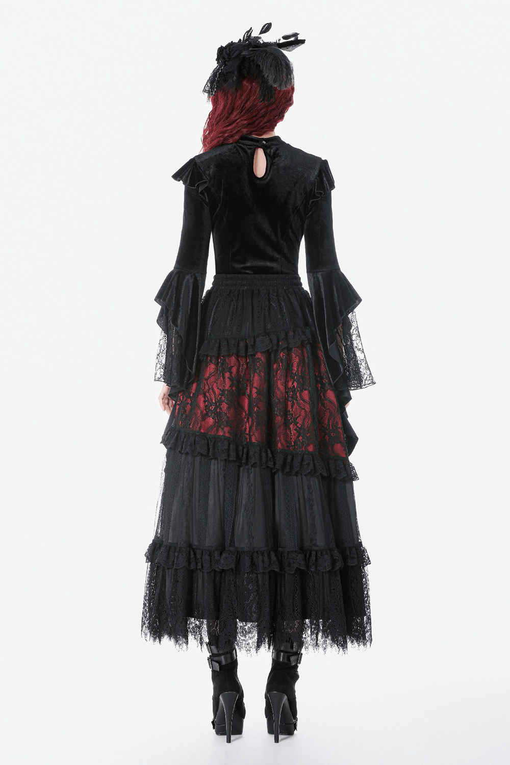 Gothic Black Velvet Lace Bell Sleeve Top for Women, featuring dramatic bell sleeves and lace details in a stylish ensemble.