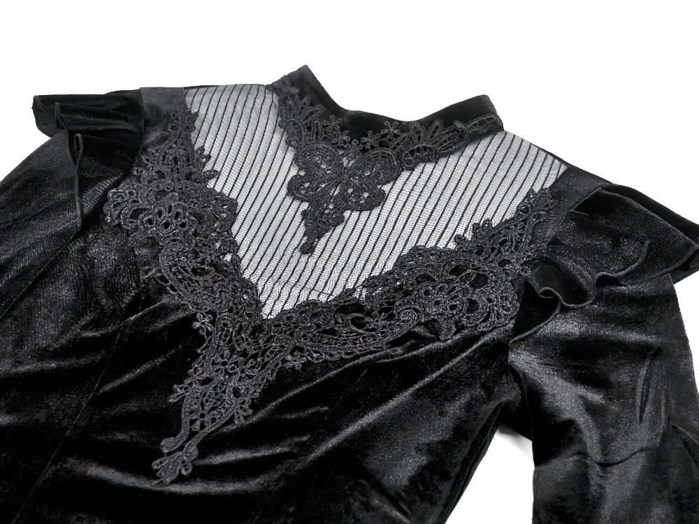 Gothic Black Velvet Lace Bell Sleeve Top for Women with intricate lace yoke and elegant velvet fabric.