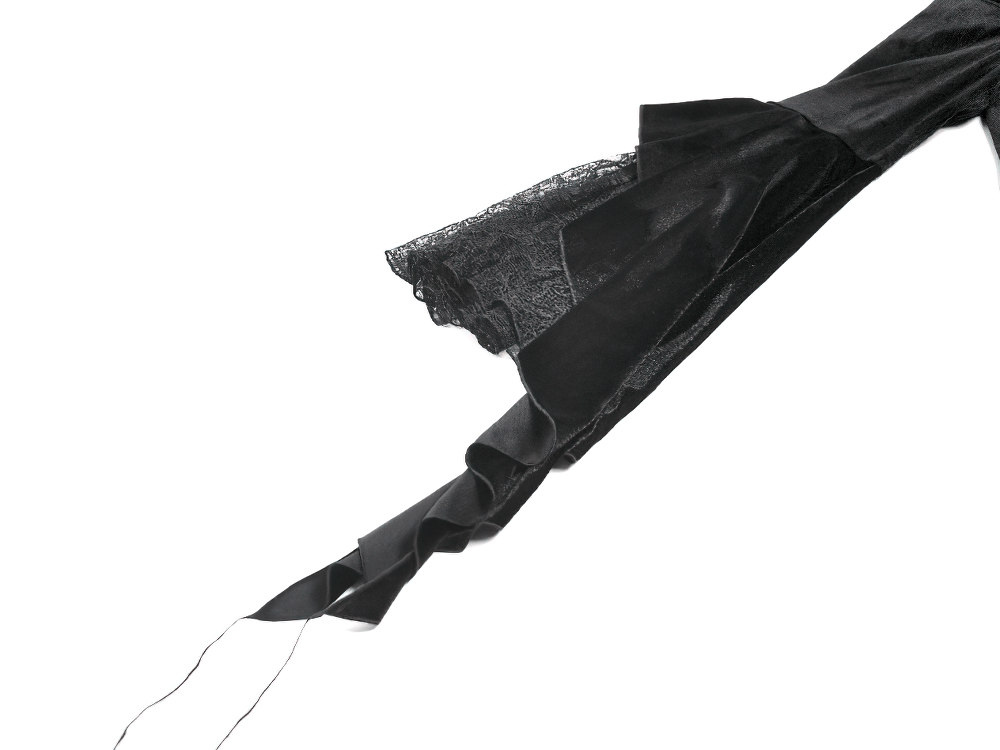 Gothic Black Velvet Lace Bell Sleeve Top for Women showcasing lace-trim cuffs and dramatic bell sleeves.