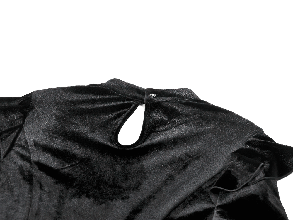 Gothic Black Velvet Lace Bell Sleeve Top for Women, showcasing the elegant back keyhole closure.