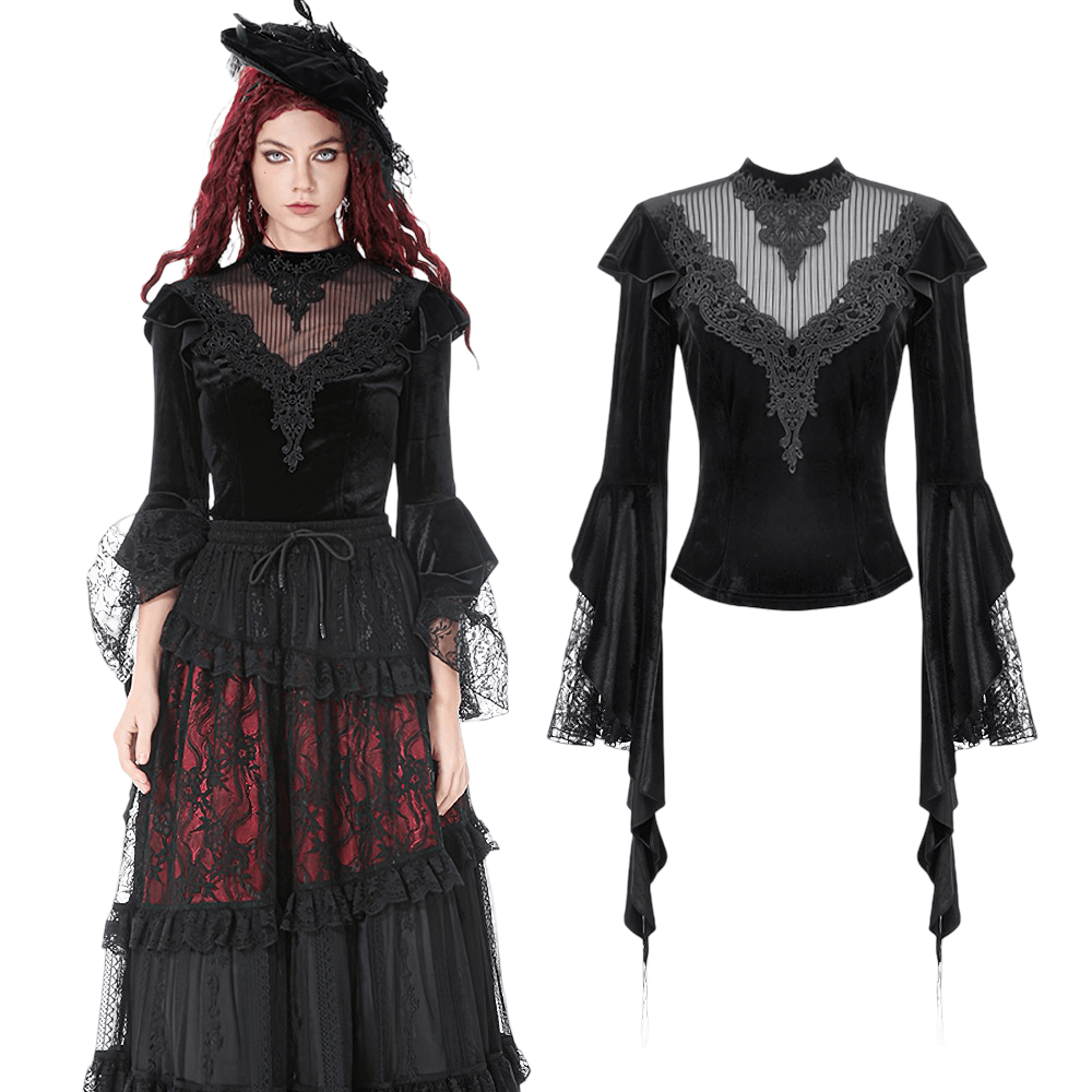 Gothic Black Velvet Lace Bell Sleeve Top for Women featuring a lace yoke and dramatic bell sleeves.