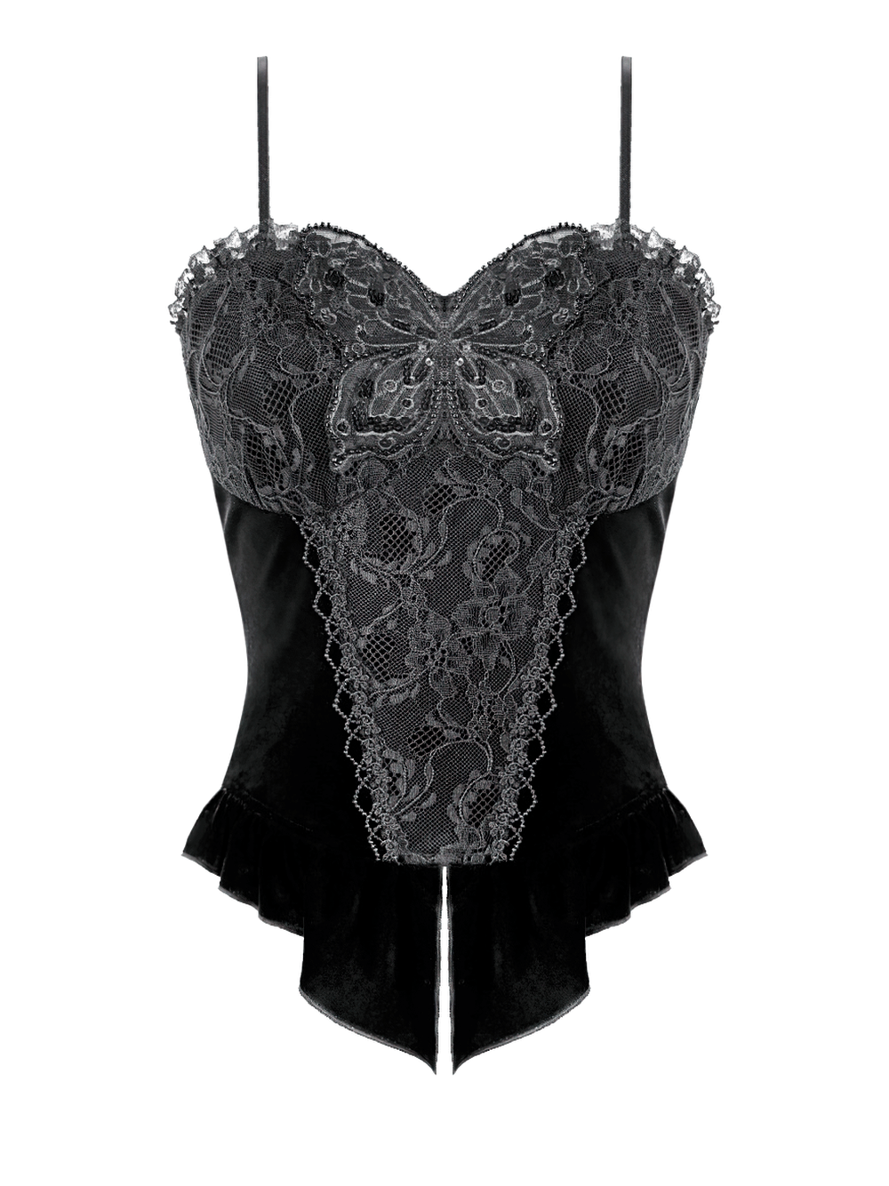 Gothic Black Velvet Lace Corset Camisole with Ruffles, Victorian dark romantic bustier top with floral lace