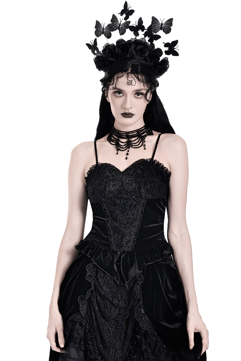 Gothic Black Velvet Lace Corset Camisole with Ruffles, Victorian dark romantic bustier top with floral lace