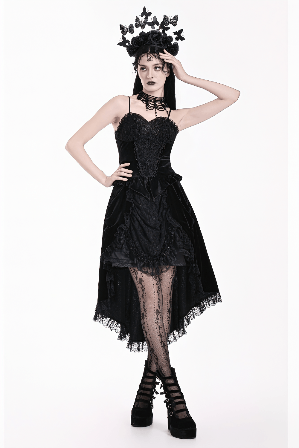 Gothic Black Velvet Lace Corset Camisole with Ruffles, Victorian dark romantic bustier top with floral lace and peplum hem