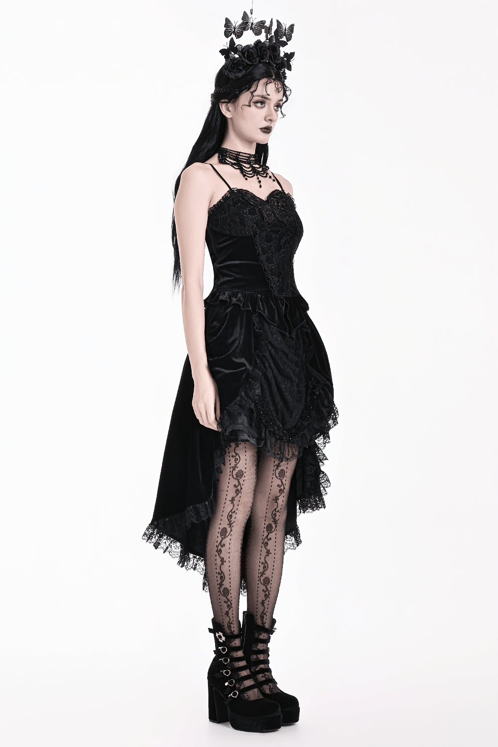 Gothic Black Velvet Lace Corset Camisole with Ruffles, Victorian dark romantic black dress with lace and peplum