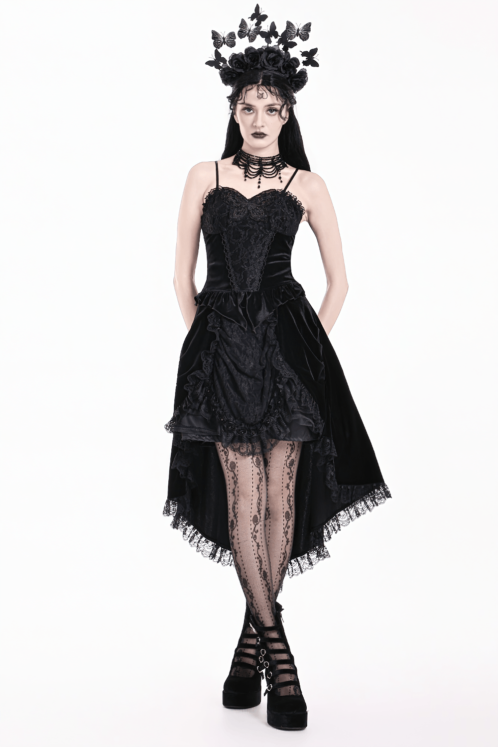 Gothic Black Velvet Lace Corset Camisole with Ruffles, Victorian dark romantic bustier peplum top with floral lace