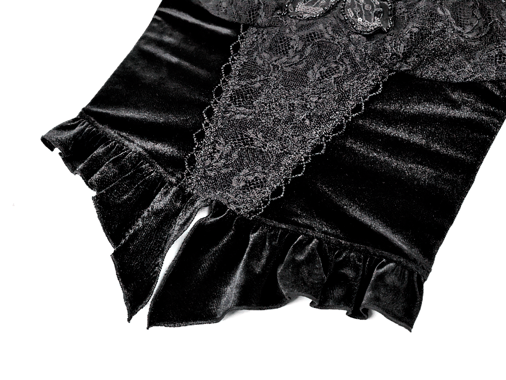 Gothic Black Velvet Lace Corset Camisole with Ruffles black Victorian peplum top with floral lace and ruffled hem