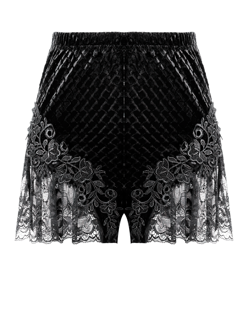 Gothic Black Velvet Lace Shorts with Floral Trim