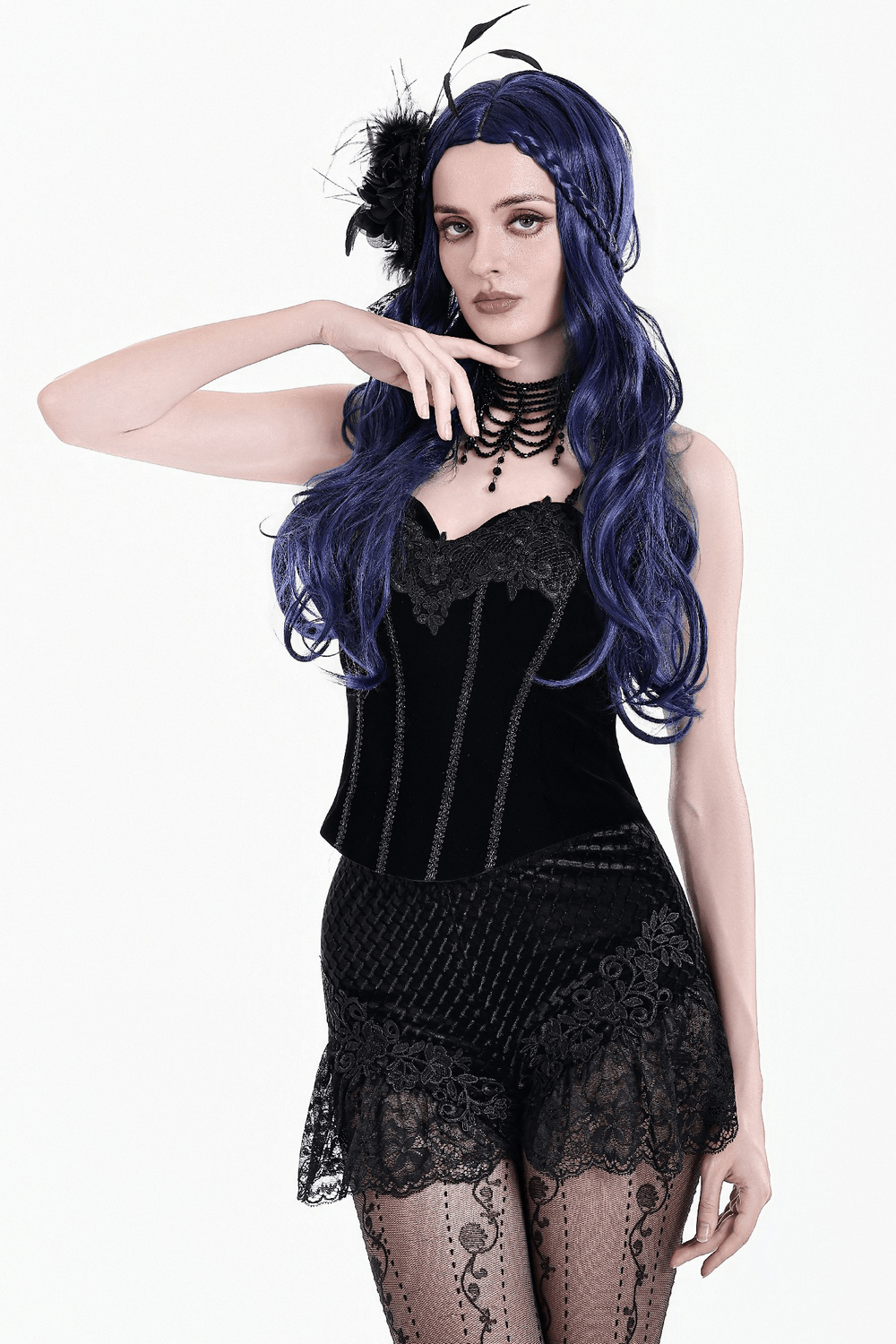 Gothic Black Velvet Lace Shorts with Floral Trim