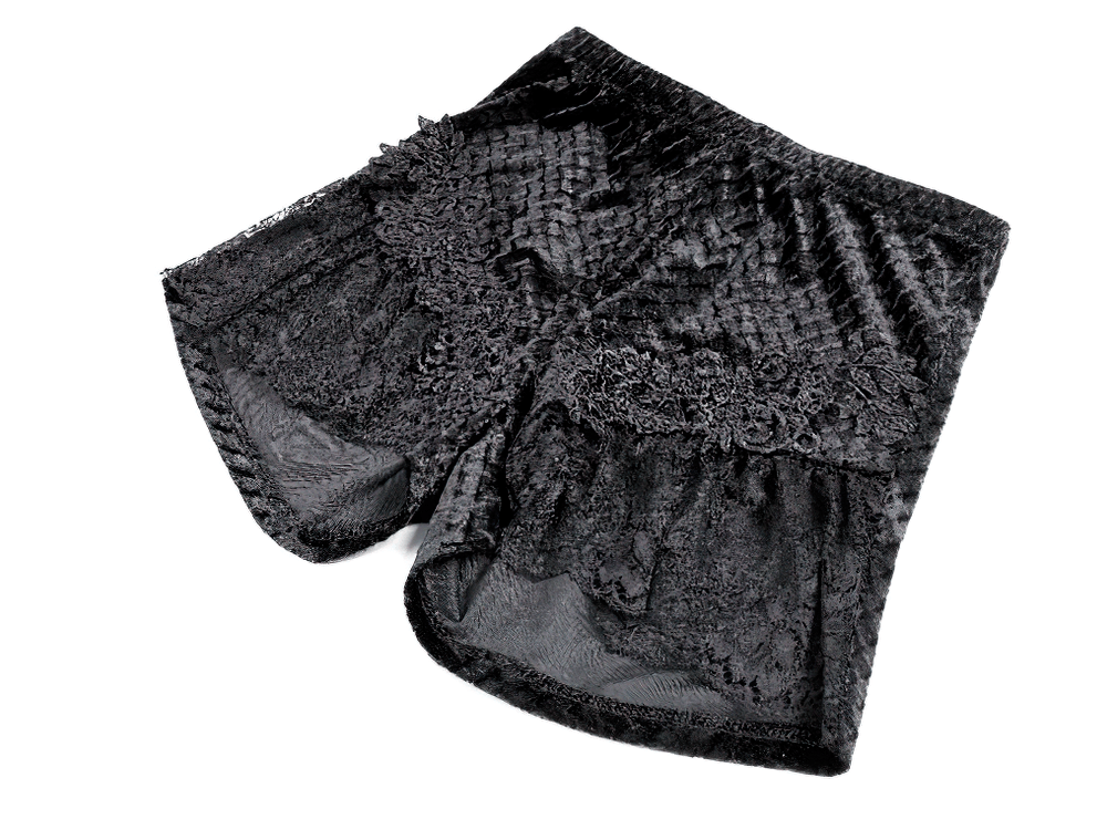 Gothic Black Velvet Lace Shorts with Floral Trim