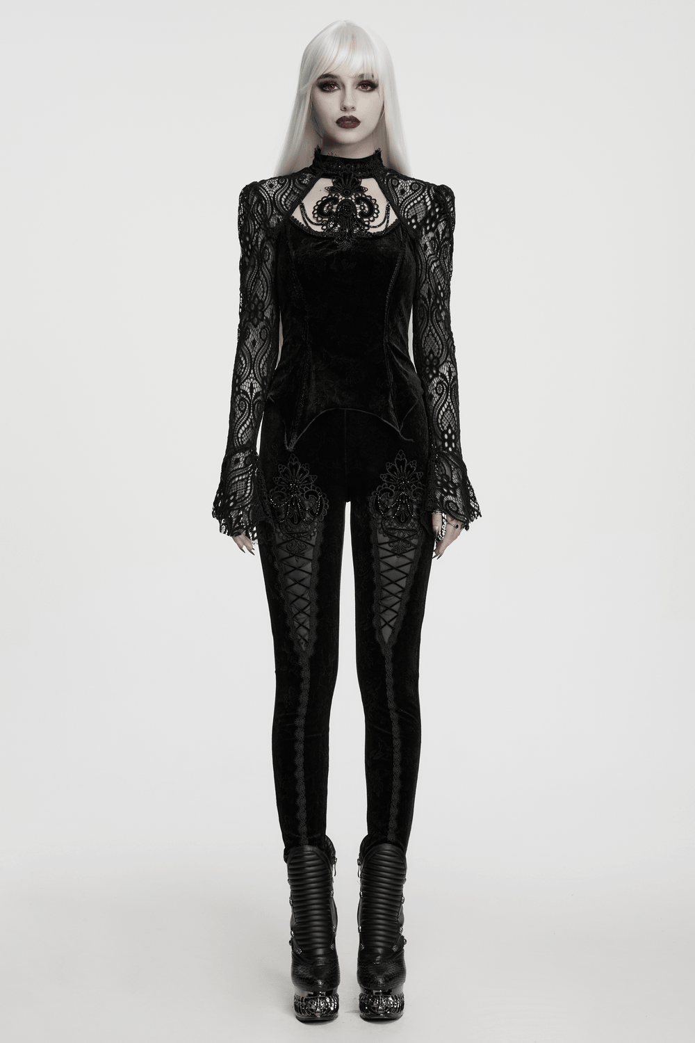 Gothic Black Floral Jacquard Lace Up Leggings featuring intricate lace and brocade design for a romantic dark look.