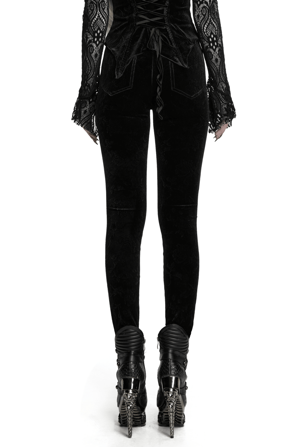 Gothic Black Floral Jacquard Lace Up Leggings featuring intricate lace-up design and Victorian-inspired floral pattern.