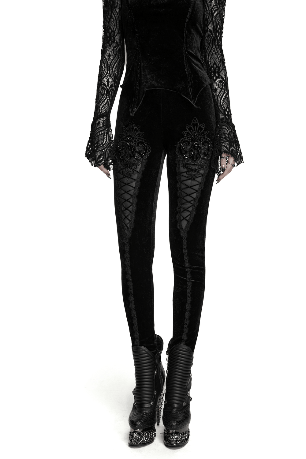 Gothic Black Floral Jacquard Lace Up Leggings with intricate lace-up details and Victorian-inspired embroidery.
