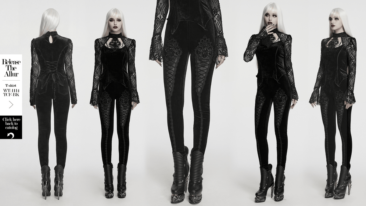 Gothic Black Floral Jacquard Lace Up Leggings with floral jacquard pattern and lace-up details.