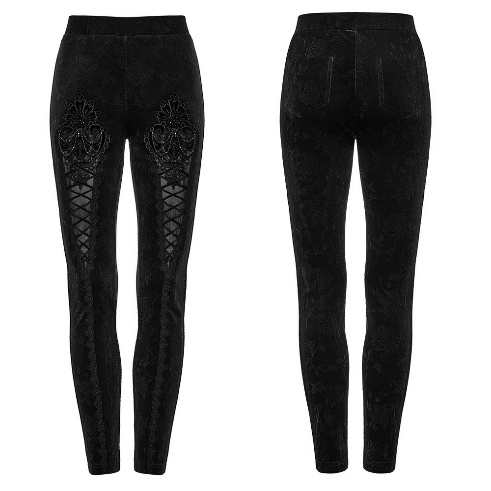 Gothic Black Floral Jacquard Lace Up Leggings showcasing detailed floral pattern and lace-up design on black fabric.