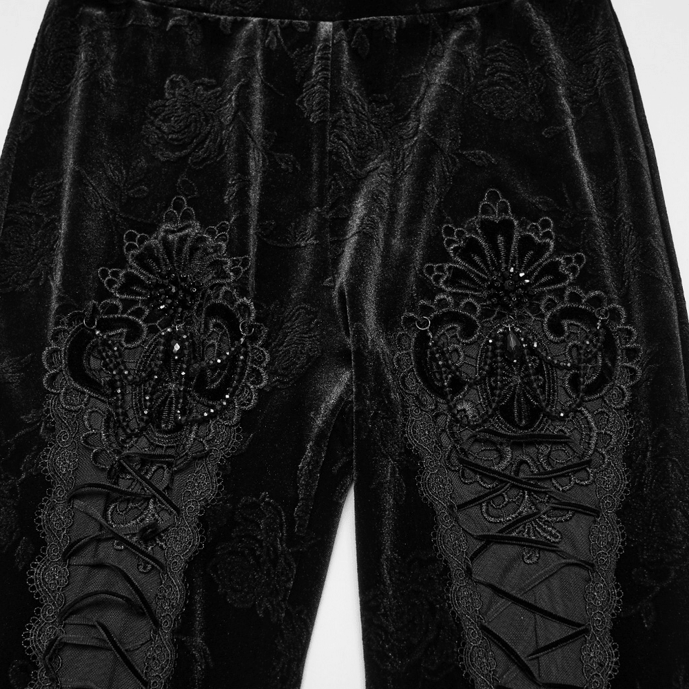Gothic Black Floral Jacquard Lace Up Leggings showcasing intricate floral jacquard pattern and lace-up details.
