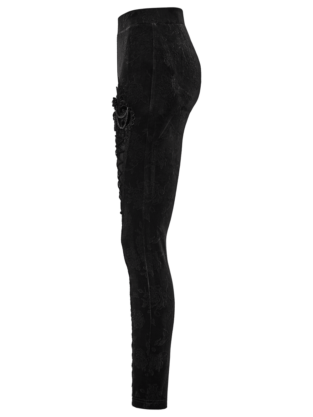Gothic Black Floral Jacquard Lace Up Leggings featuring intricate lace-up details and a Victorian brocade pattern.