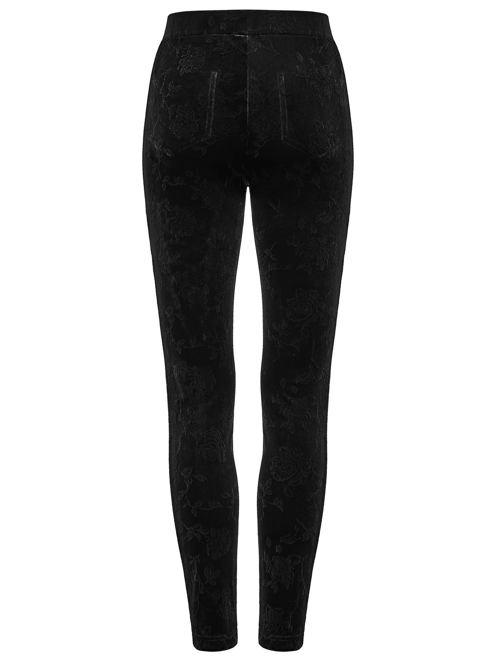 Gothic Black Floral Jacquard Lace Up Leggings showcasing a Victorian brocade pattern from the back view.