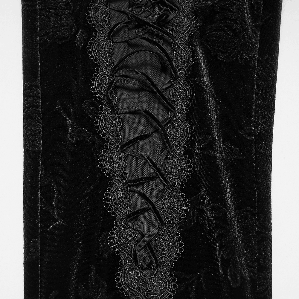 Gothic Black Floral Jacquard Lace Up Leggings featuring elegant floral jacquard and decorative lace-up panels.