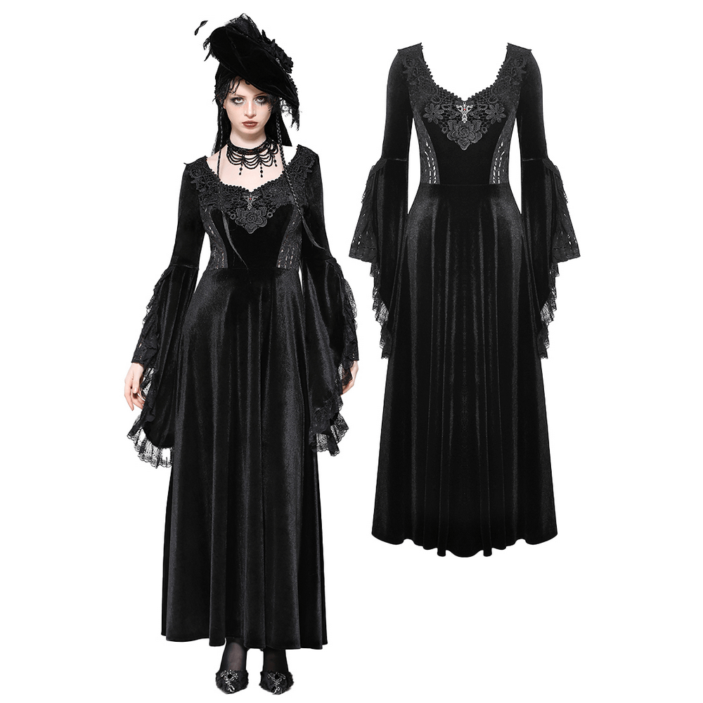 Elegant Gothic black velvet dress with bell sleeves, lace-up back, and floral embroidery for a Renaissance-inspired look.