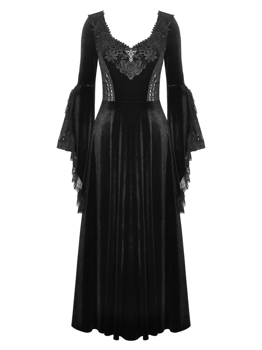 Elegant black velvet lace-up Renaissance dress with bell sleeves and floral embroidery, perfect for gothic-themed events.