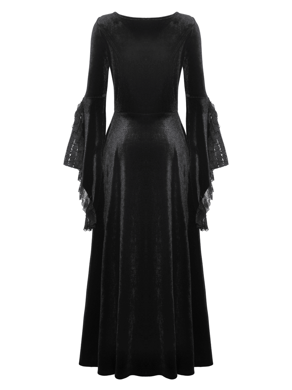 Elegant Gothic black velvet dress with lace bell sleeves and a flowing skirt, perfect for formal events and cosplay.