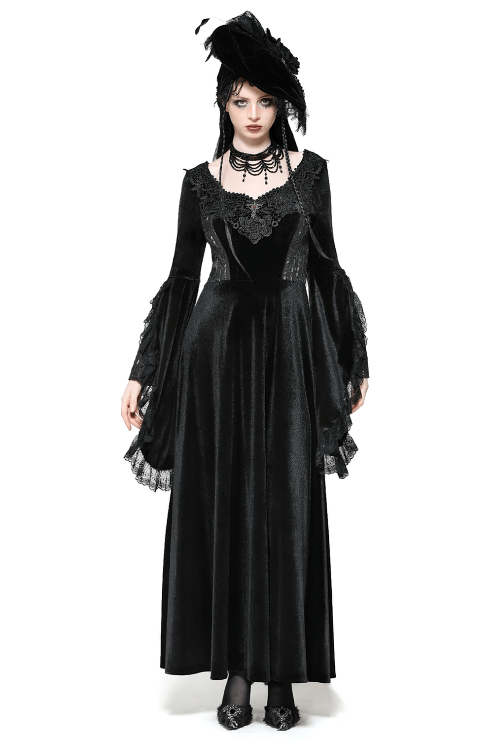 Elegant Gothic black velvet lace-up dress with bell sleeves and intricate lace details, perfect for formal events or cosplay.