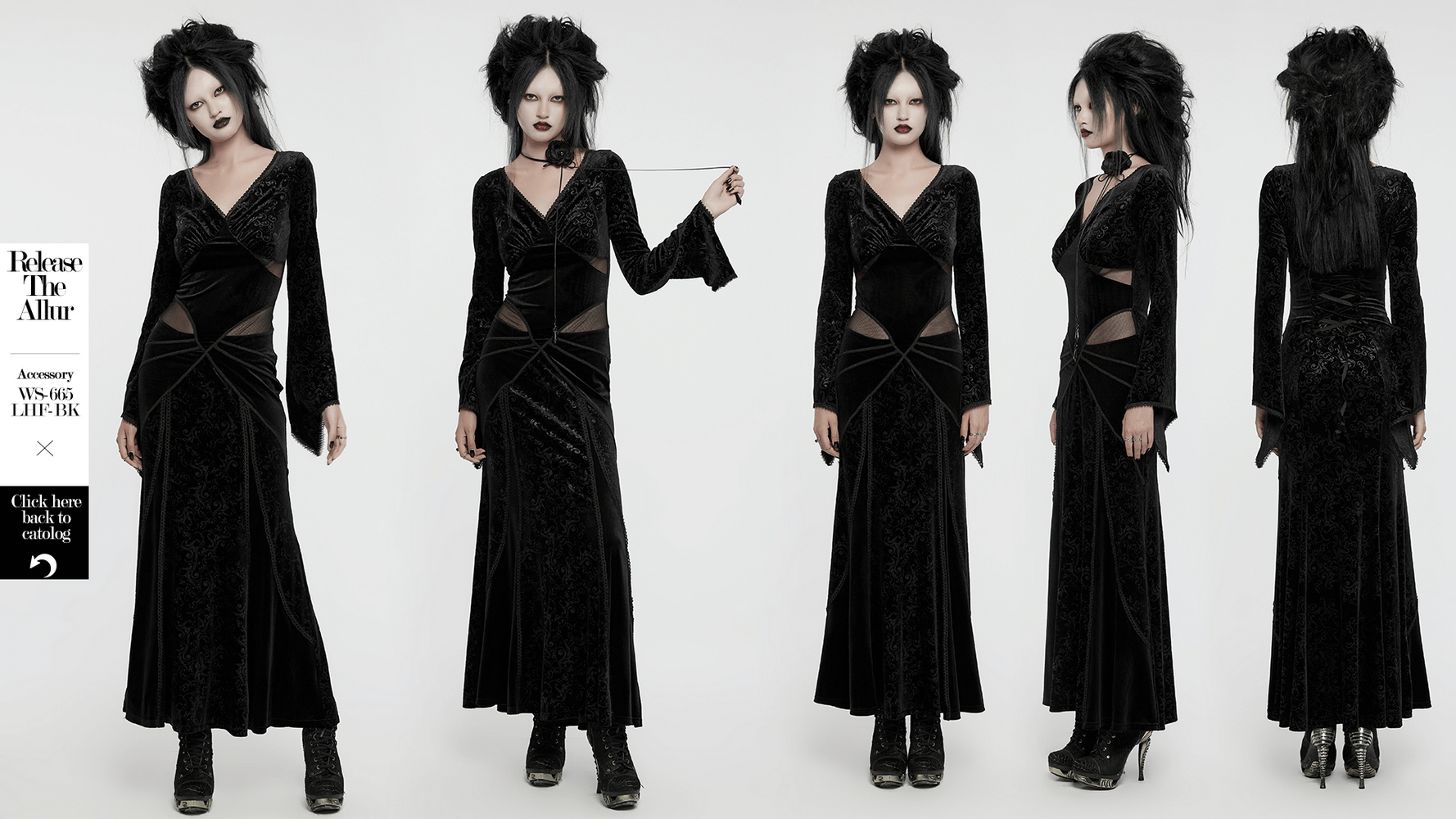 Elegant gothic black velvet long dress with mesh splicing and embossed details for a striking and refined look.