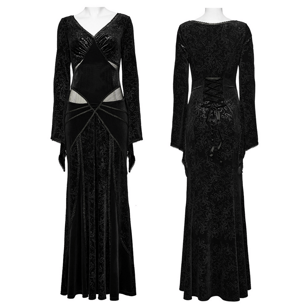 Gothic black velvet long dress featuring embossed details and mesh splicing, showcasing an elegant silhouette and laced back.