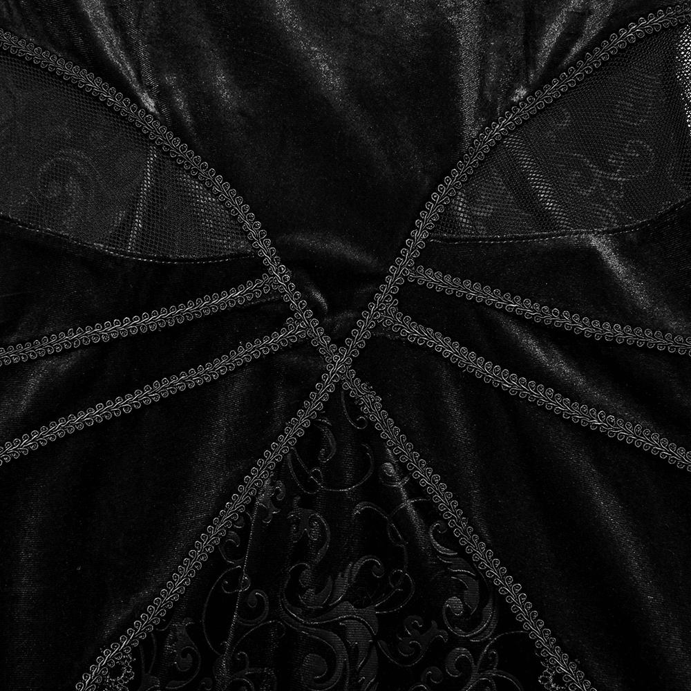 Close-up of gothic black velvet dress with embossed details and mesh splicing, showcasing elegant lace accents.