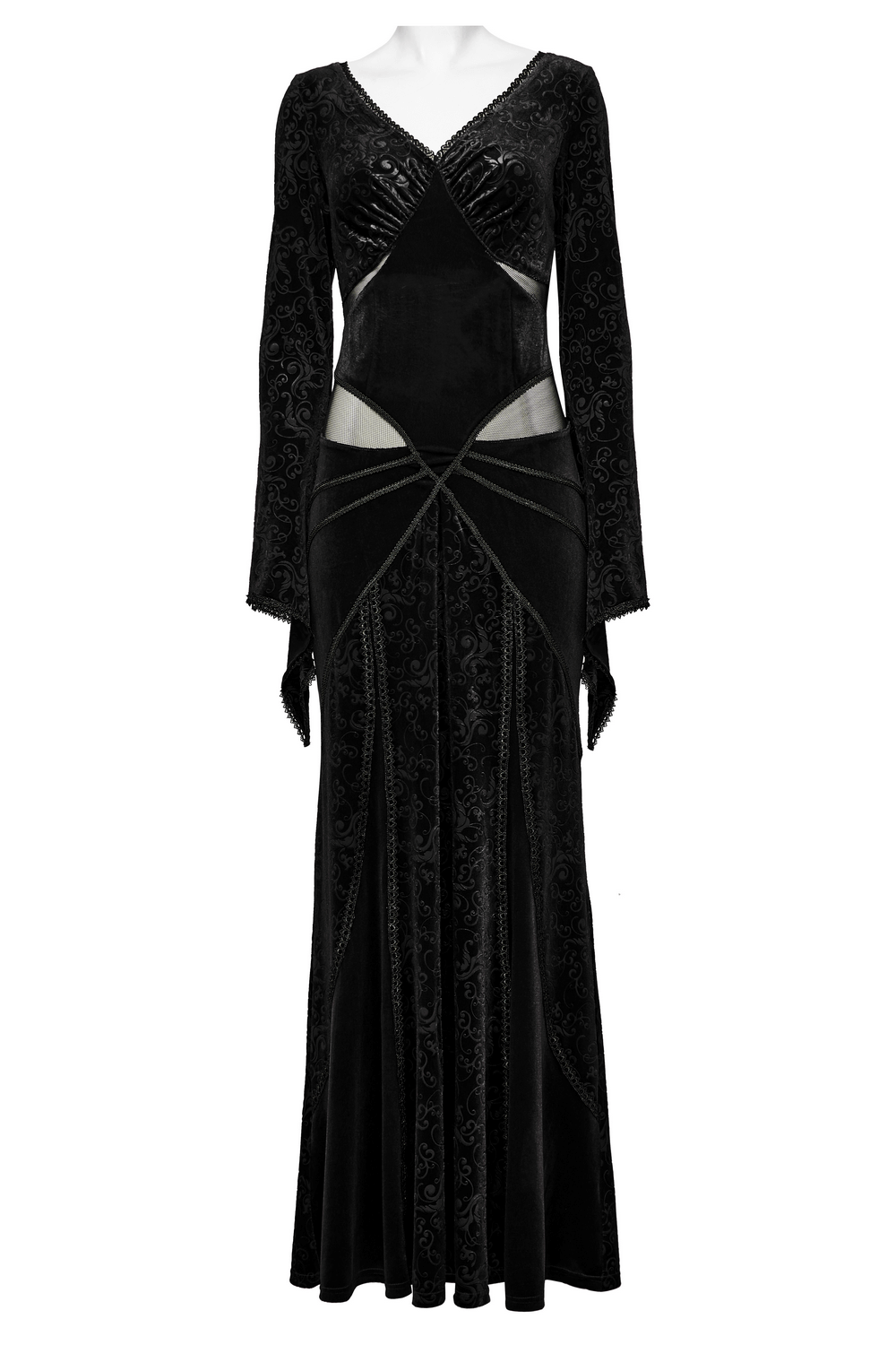 Elegant gothic black velvet long dress with mesh splicing and embossed details for a striking look.