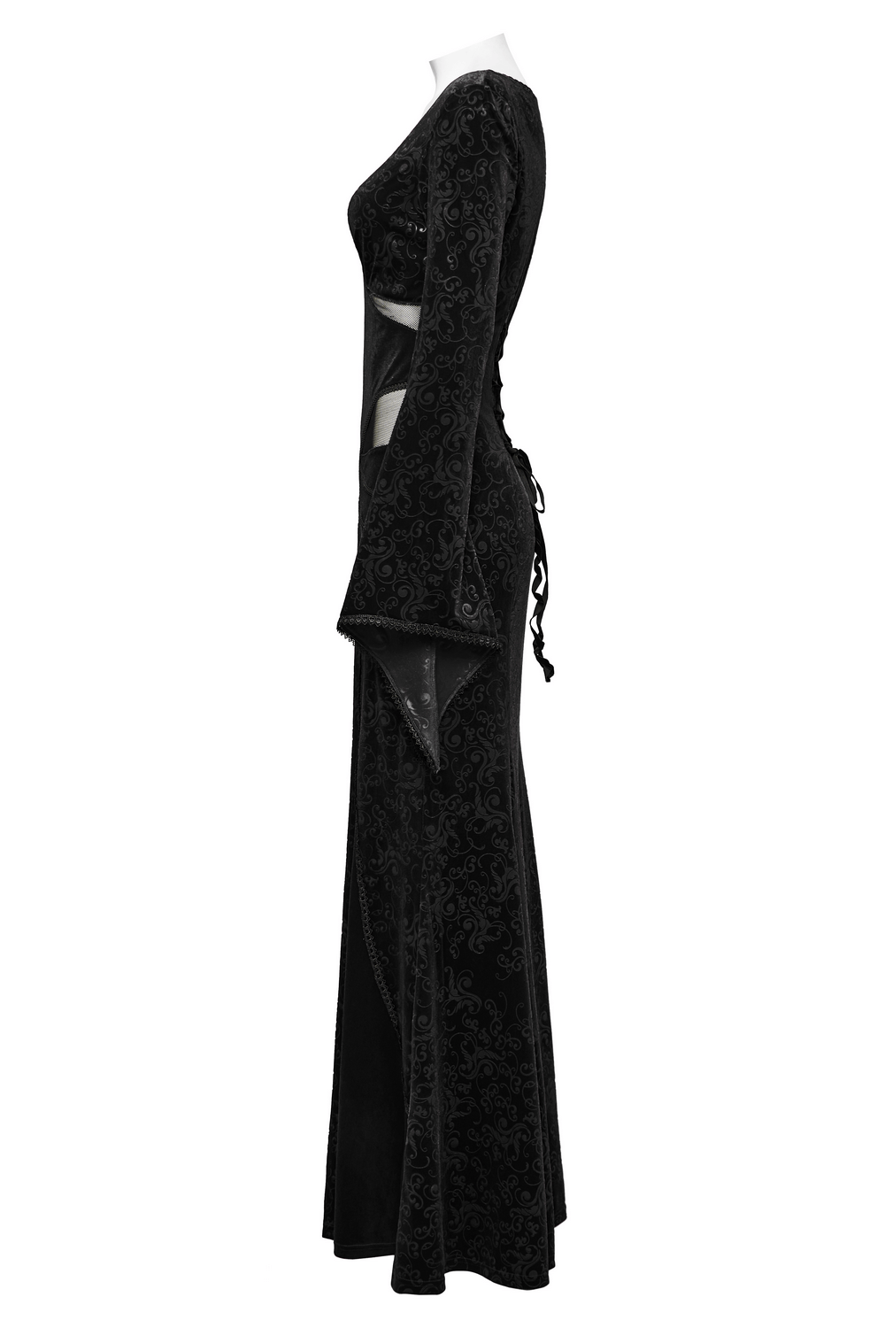 Gothic black velvet long dress with embossed details and mesh splicing for a striking, elegant look.