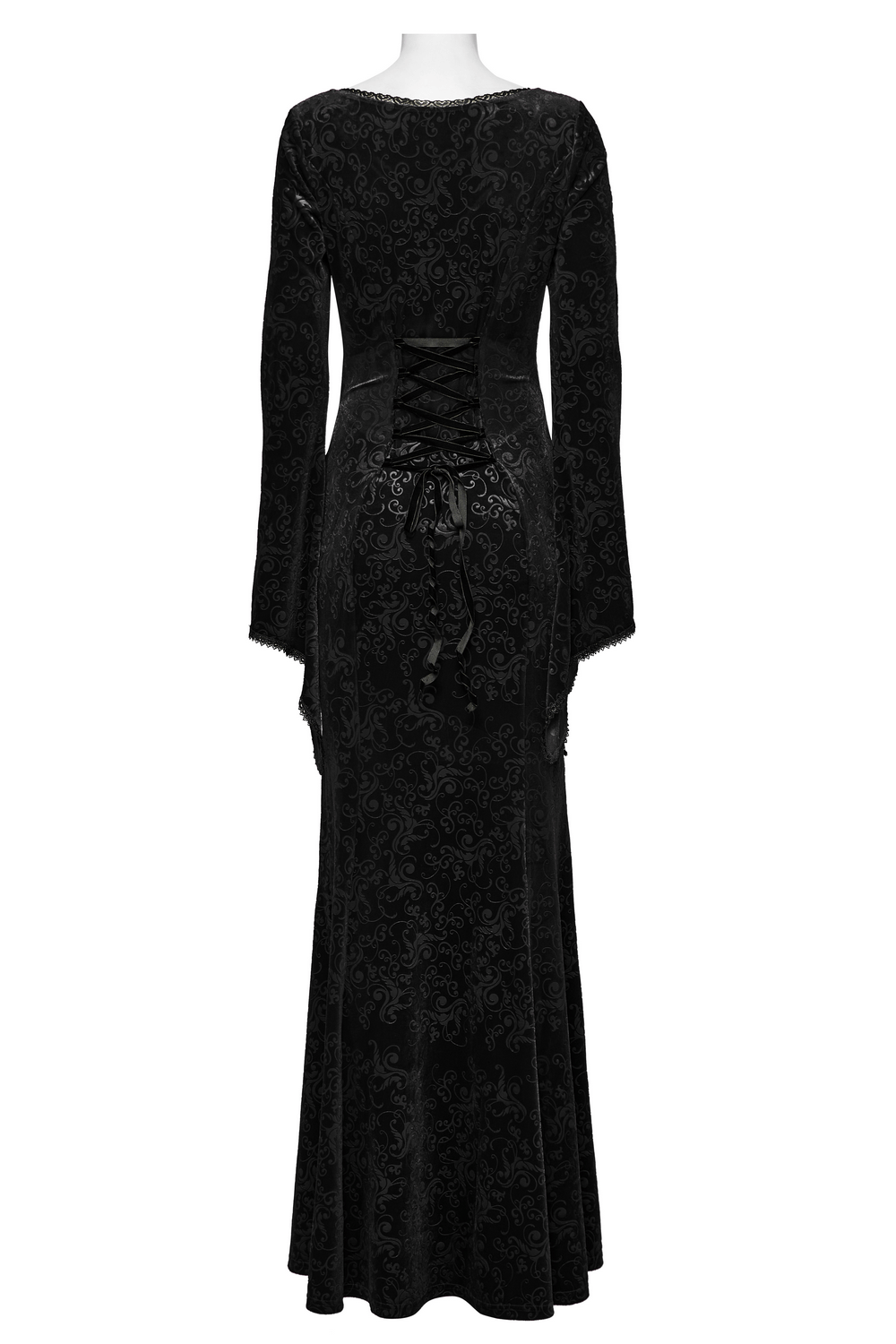 Back view of elegant gothic black velvet long dress with embossed details and laced back, perfect for a striking aesthetic.