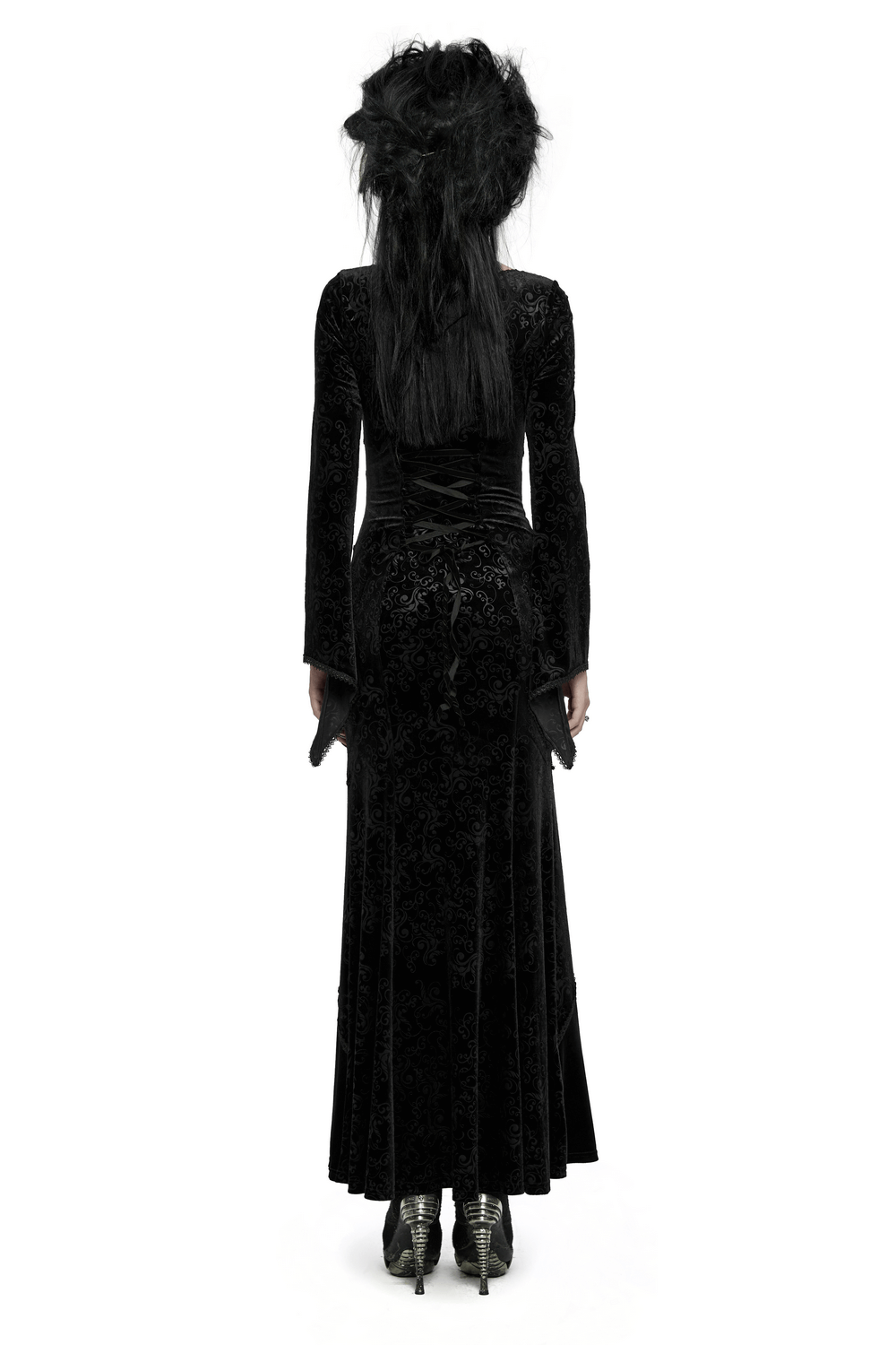Elegant gothic long dress with embossed velvet, featuring a laced back and mesh details, perfect for a striking aesthetic.