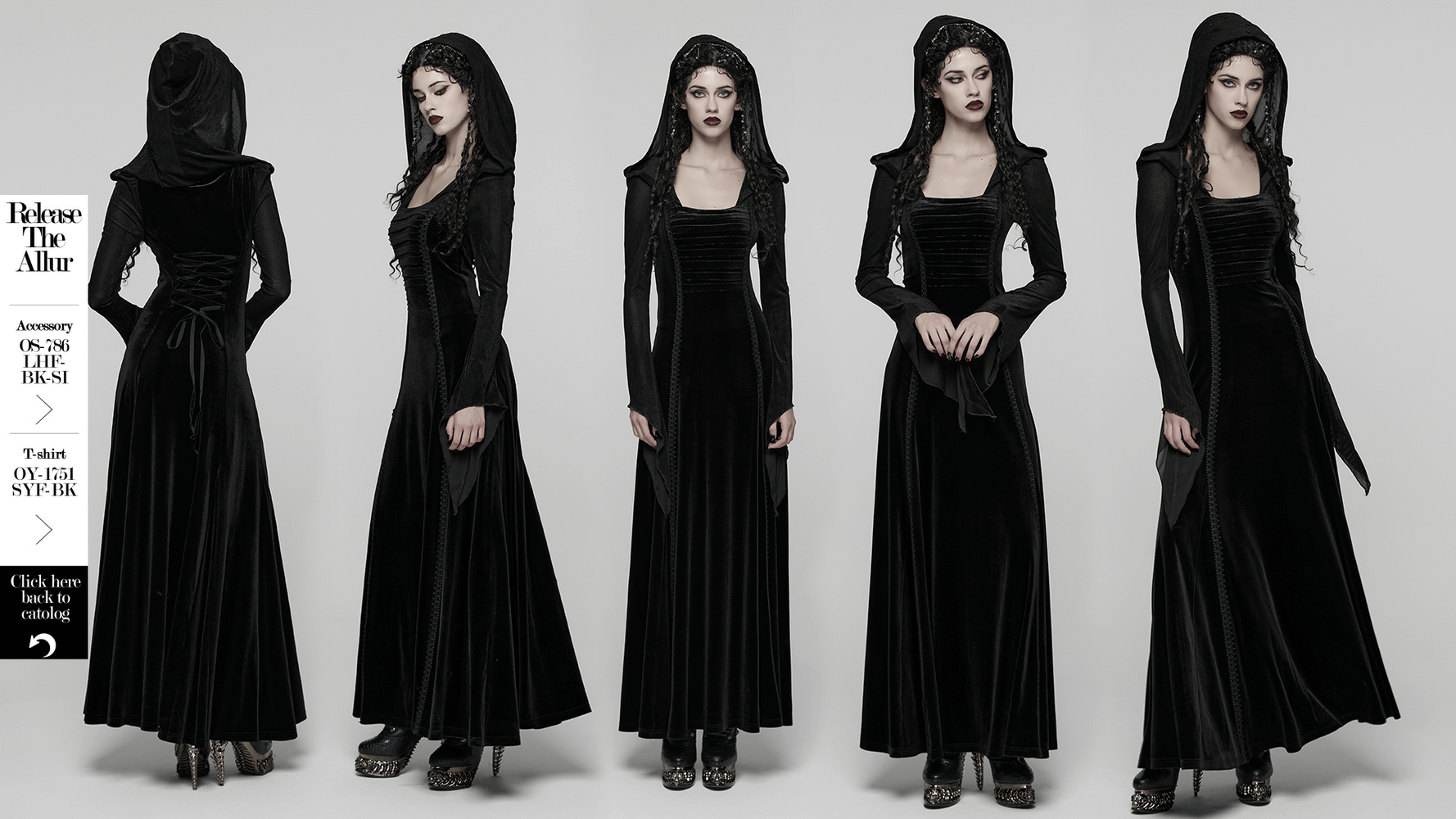 Gothic Black Velvet Long Dress with Hood and Lace, showcasing elegant design and dramatic hood.