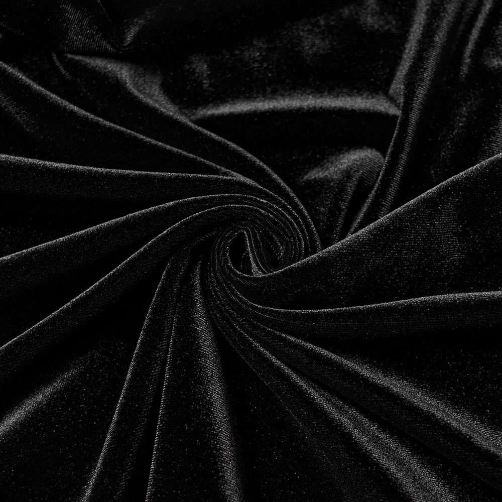 Gothic Black Velvet Long Dress with Hood and Lace fabric close-up, showcasing luxurious black velvet texture.