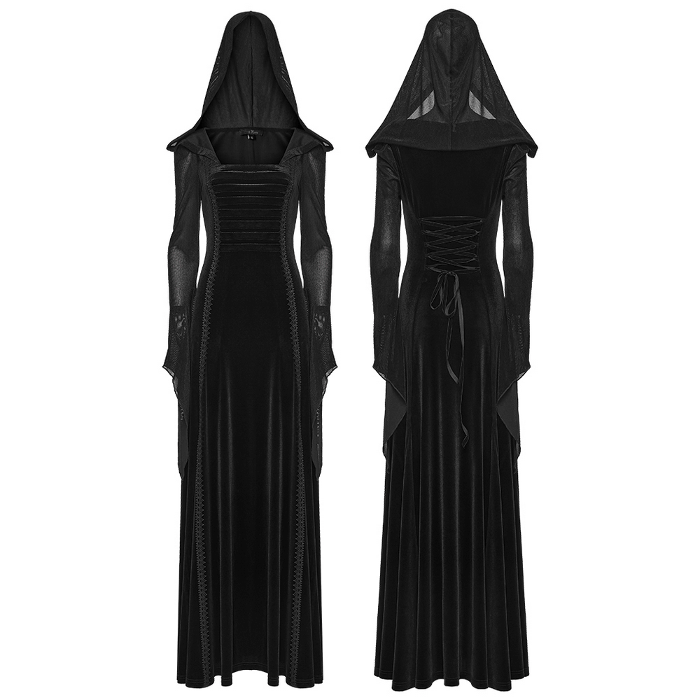 Gothic Black Velvet Long Dress with Hood and Lace featuring an elegant hood and lace details.