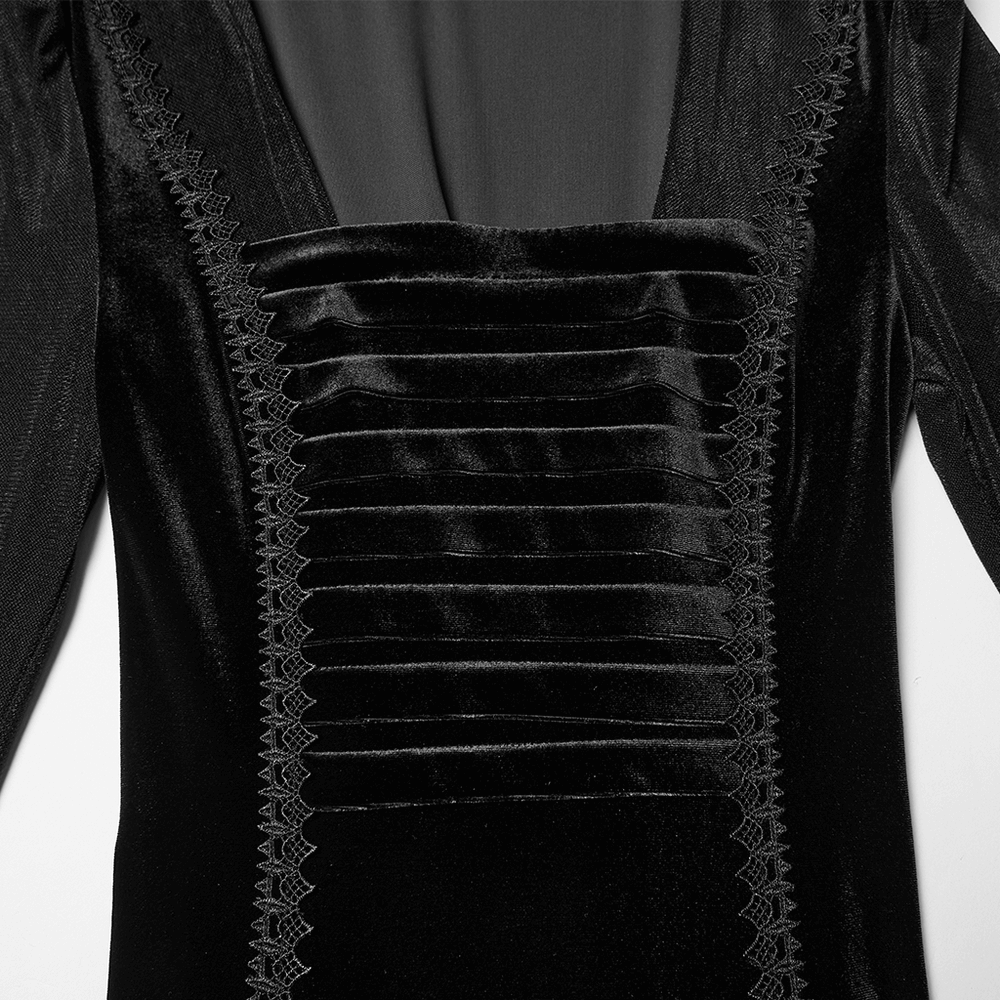 Gothic Black Velvet Long Dress with Hood and Lace close-up detailing of pleated velvet and lace design