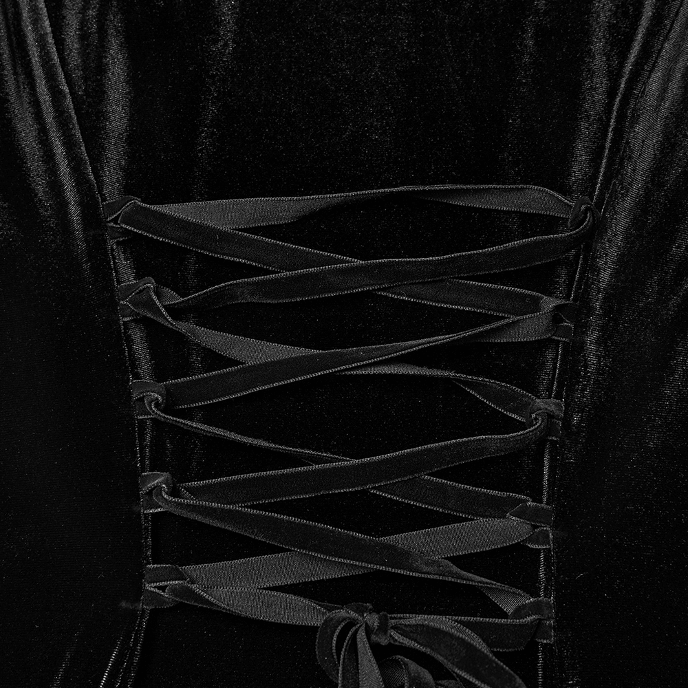 Gothic Black Velvet Long Dress with Hood and Lace back detail showing adjustable lacing and elegant design.