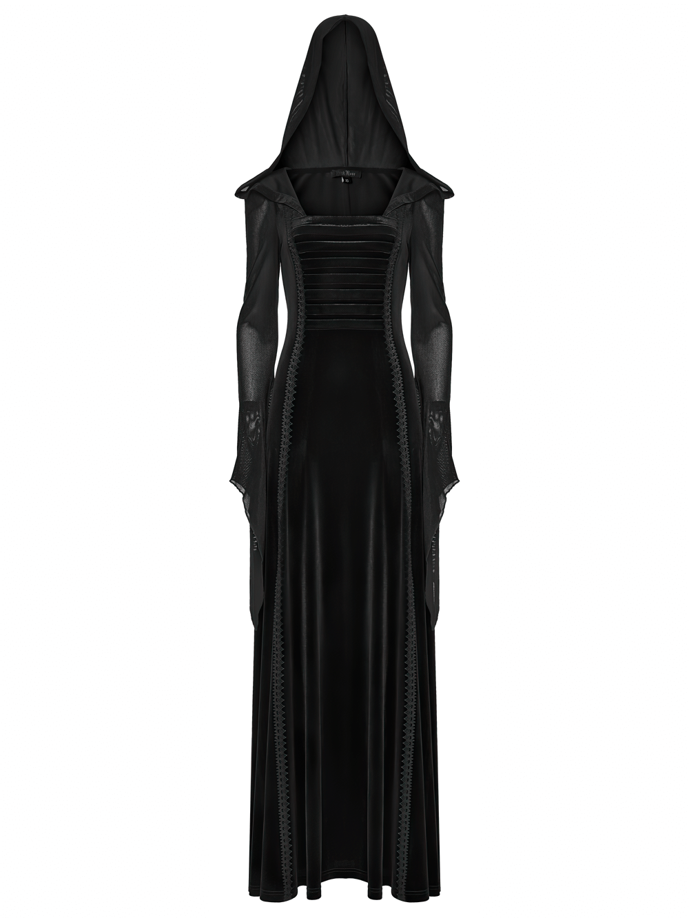 Gothic Black Velvet Long Dress with Hood and Lace featuring elegant design and dramatic hood.