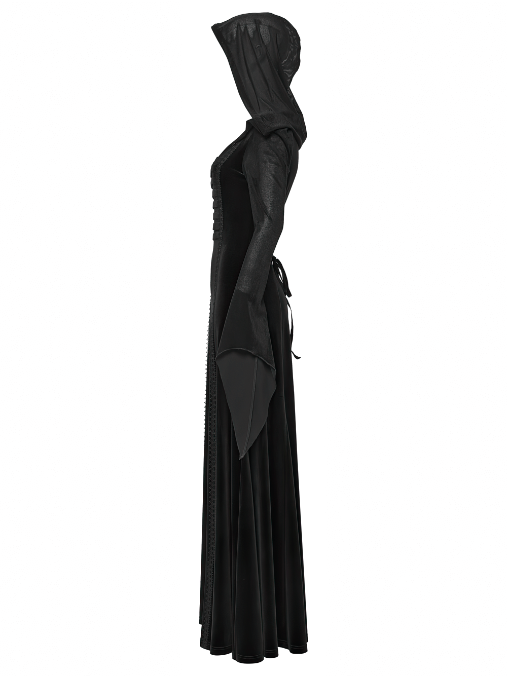 Gothic Black Velvet Long Dress with Hood and Lace, showcasing elegant design and flowing silhouette.