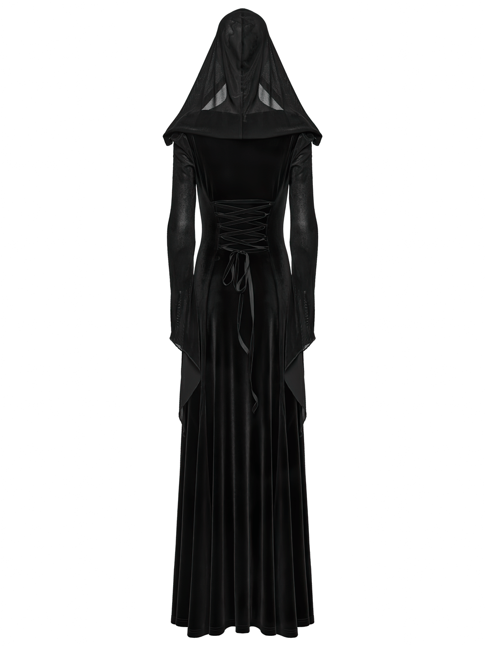 Gothic Black Velvet Long Dress with Hood and Lace showcasing elegant design and dramatic hood.
