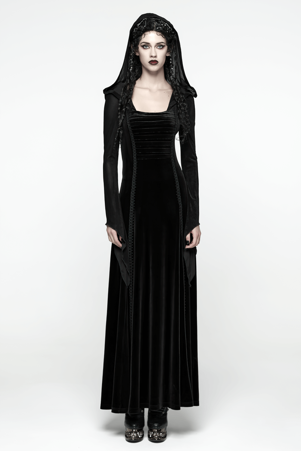 Gothic Black Velvet Long Dress with Hood and Lace worn by model, showcasing elegant design and dramatic hood.