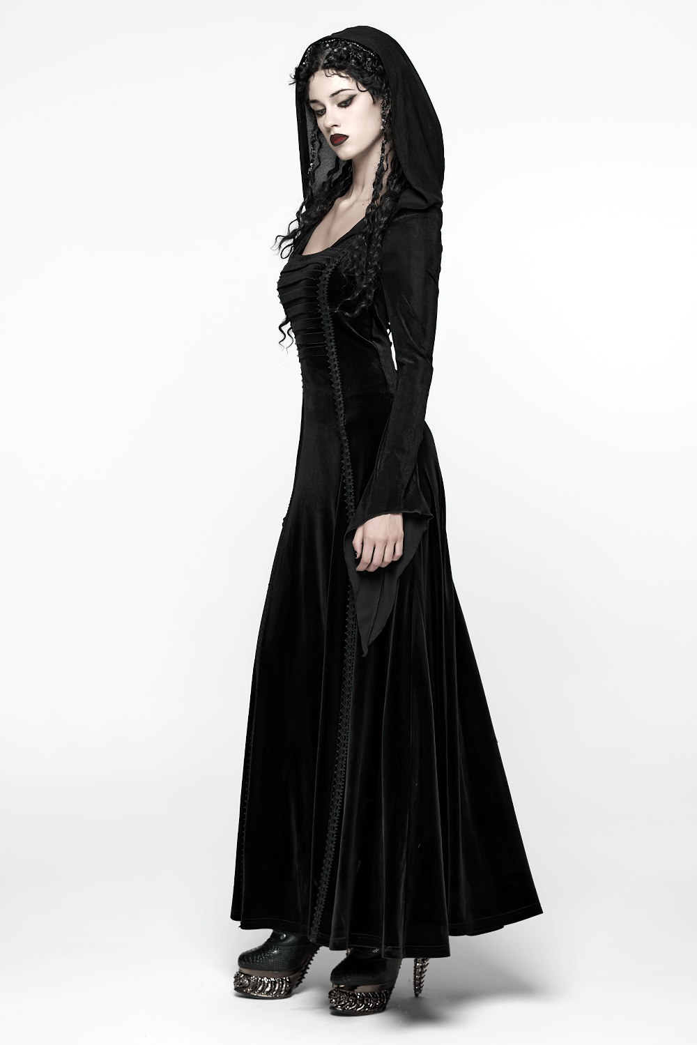 Gothic Black Velvet Long Dress with Hood and Lace, featuring elegant velvet fabric and dramatic hood.