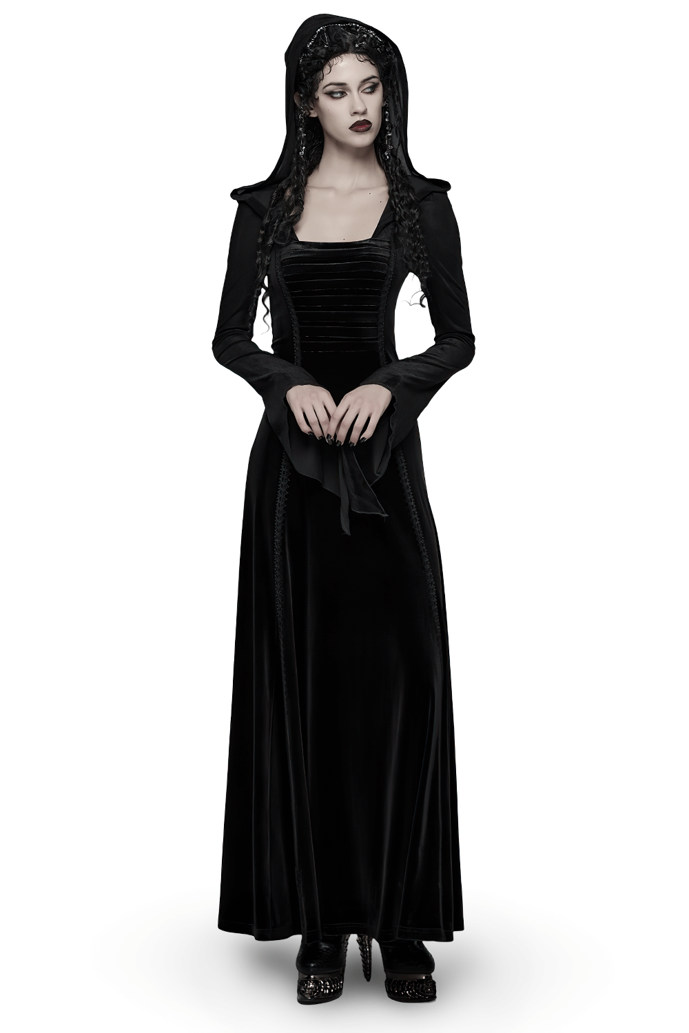 Gothic Black Velvet Long Dress with Hood and Lace worn by a model with long dark hair and dramatic makeup.