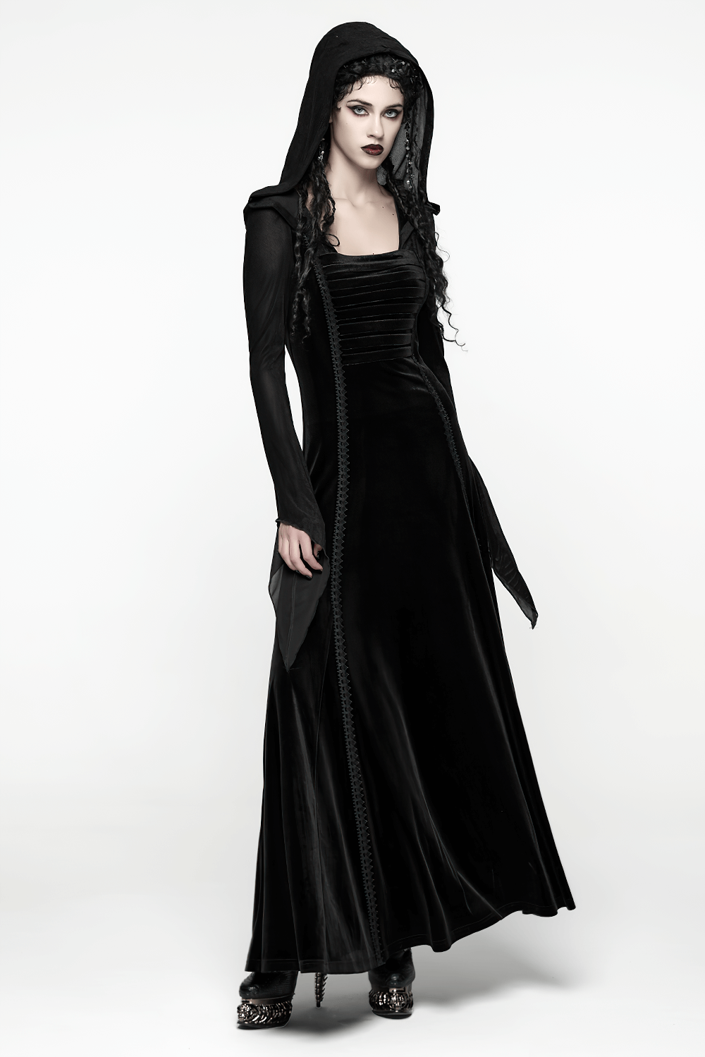 Gothic Black Velvet Long Dress with Hood and Lace worn by a model, showcasing elegance and mystery.