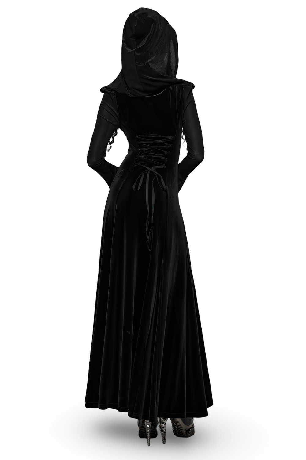 Gothic Black Velvet Long Dress with Hood and Lace showcasing an elegant back view with lace-up details.