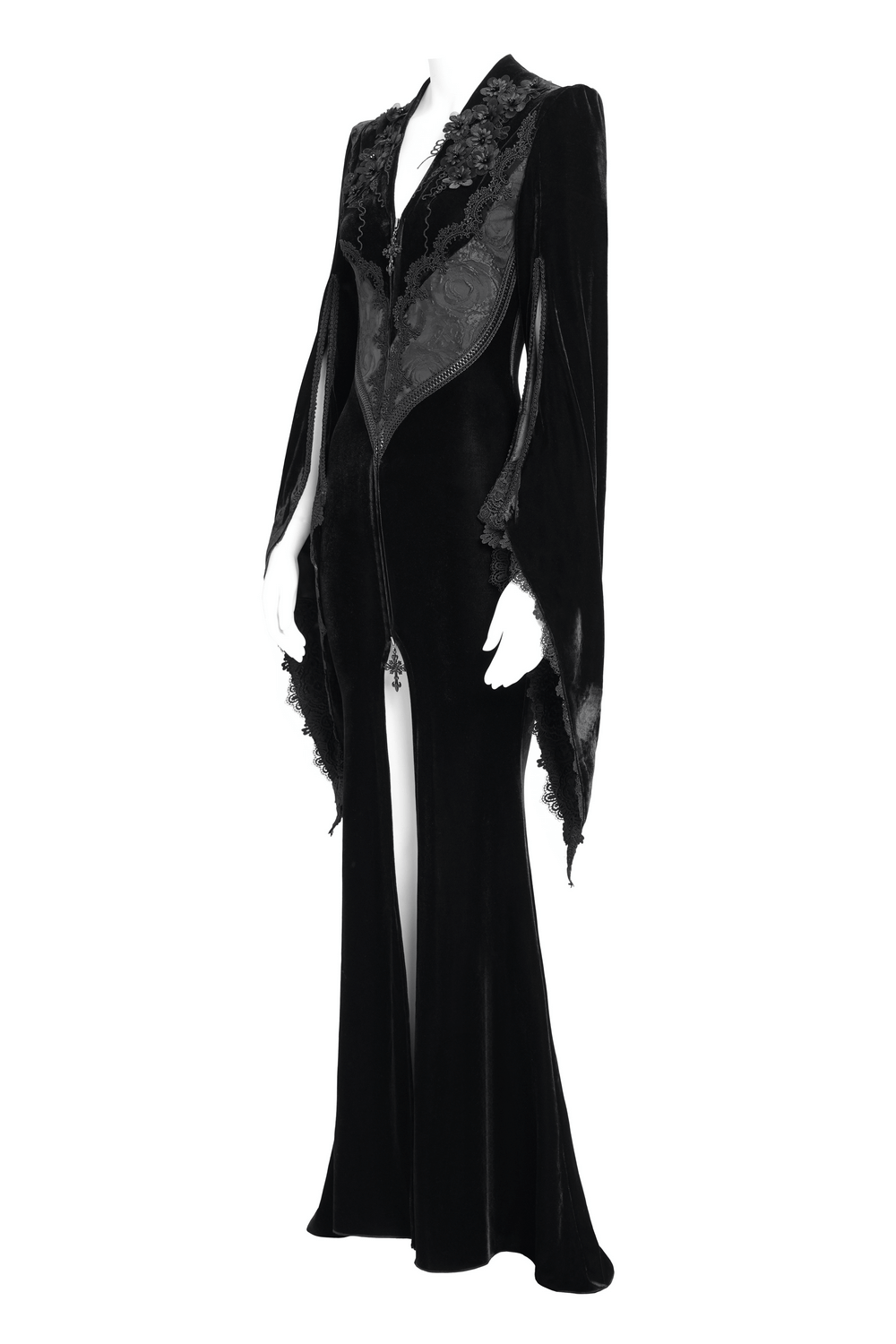 Gothic black velvet long dress with lace, flared sleeves, and zipper for elegant evening or cosplay attire.